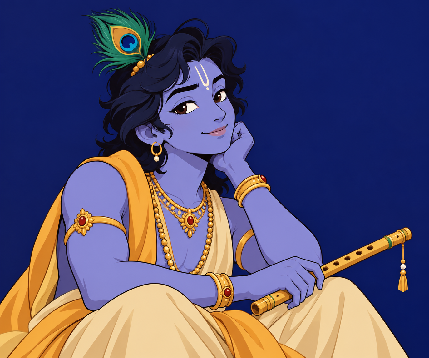 Playful illustration of Krishna holding a flute